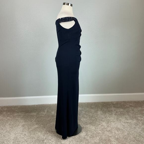 Adrianna Papell Beaded Off the Shoulder Evening Gown Blue Size 12 Thigh Slit - Picture 3 of 14